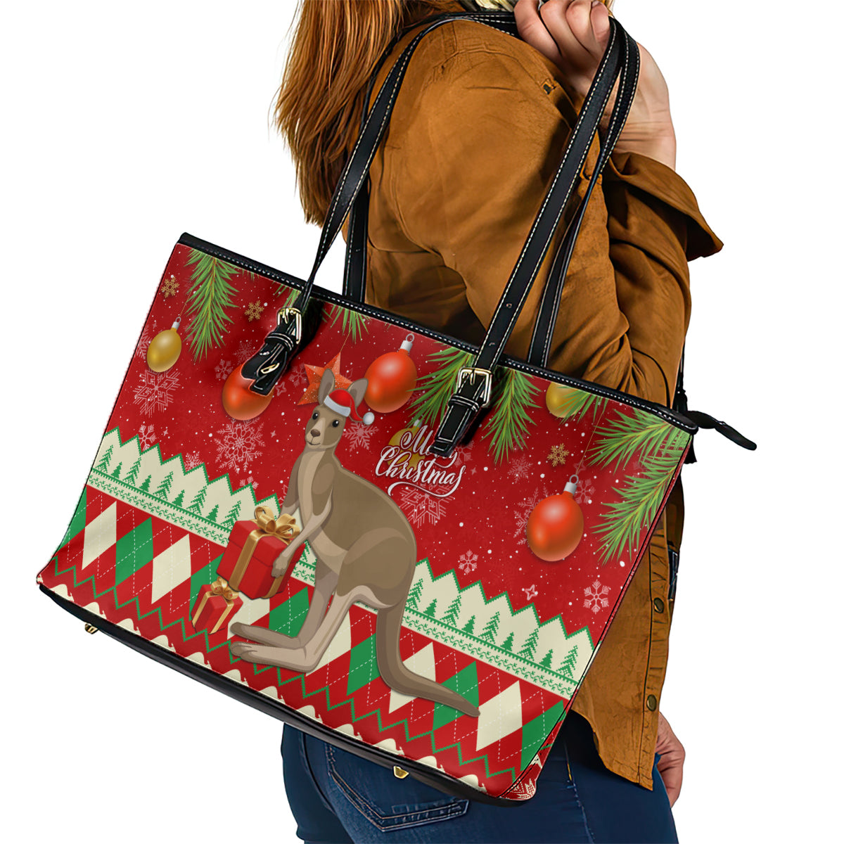 australia-christmas-leather-tote-bag-aussie-kangaroo-santa-merry-xmas