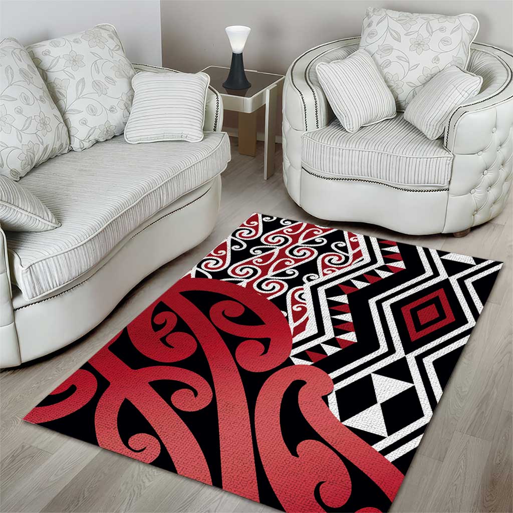 New Zealand Area Rug Aotearoa Kowhaiwhai Mix Taniko Art - Red