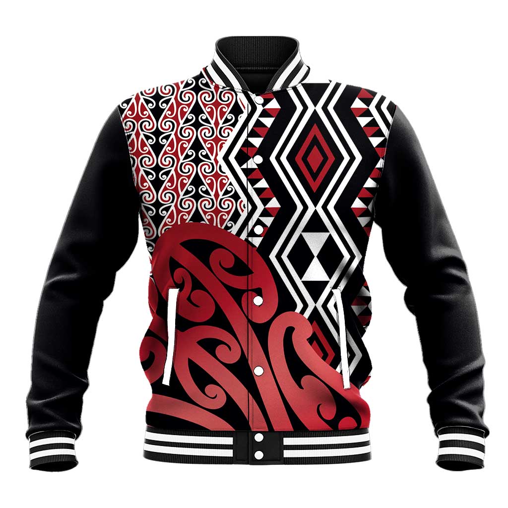 New Zealand Baseball Jacket Aotearoa Kowhaiwhai Mix Taniko Art - Red