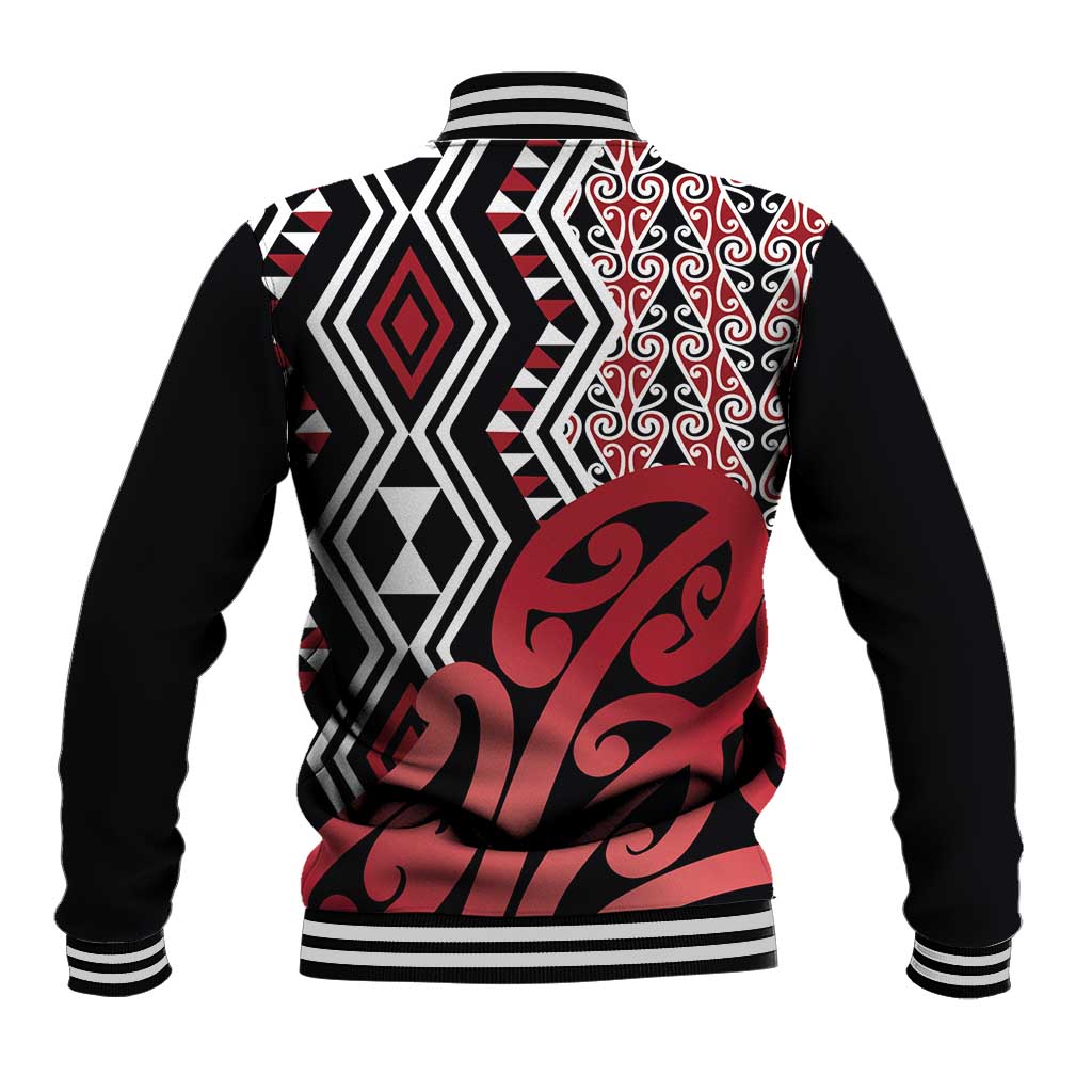 New Zealand Baseball Jacket Aotearoa Kowhaiwhai Mix Taniko Art - Red