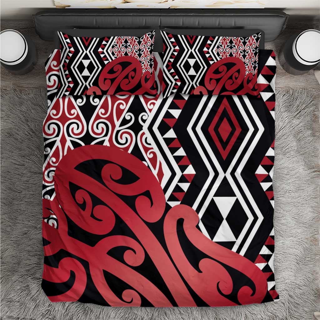 New Zealand Bedding Set Aotearoa Kowhaiwhai Mix Taniko Art - Red