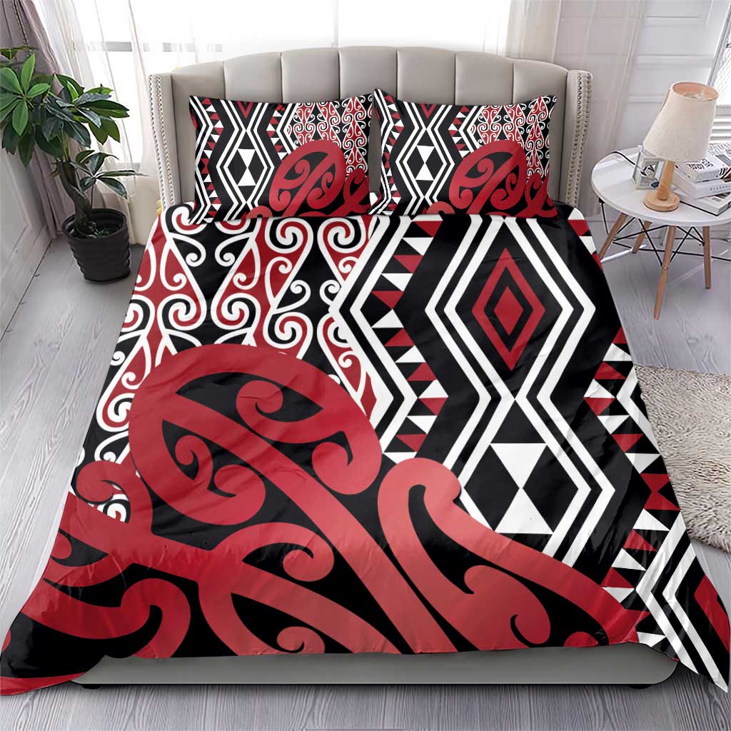 New Zealand Bedding Set Aotearoa Kowhaiwhai Mix Taniko Art - Red