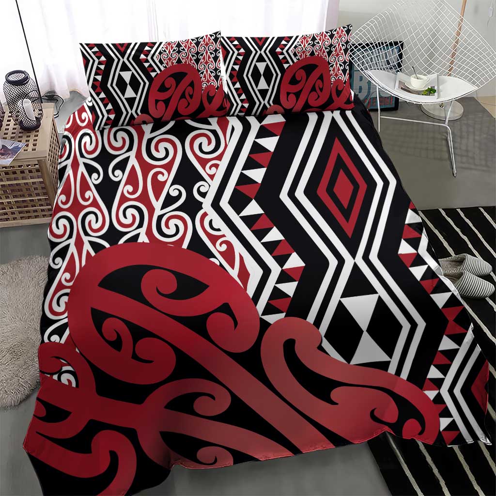 New Zealand Bedding Set Aotearoa Kowhaiwhai Mix Taniko Art - Red