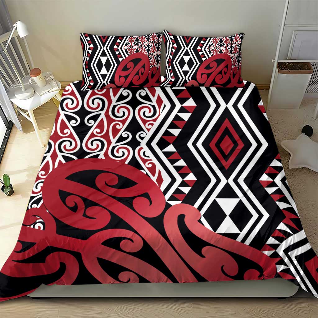 New Zealand Bedding Set Aotearoa Kowhaiwhai Mix Taniko Art - Red