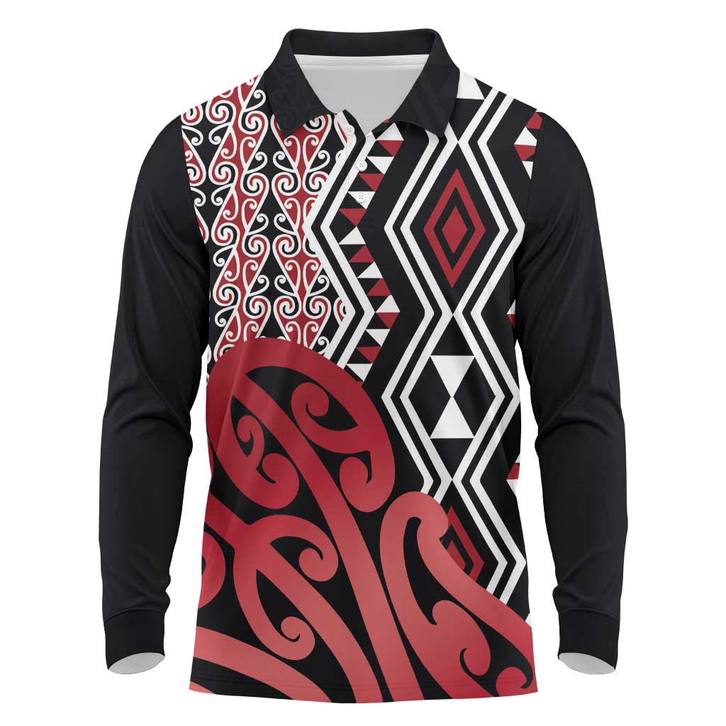 New Zealand Long Sleeve Polo Shirt Aotearoa Kowhaiwhai Mix Taniko Art - Red