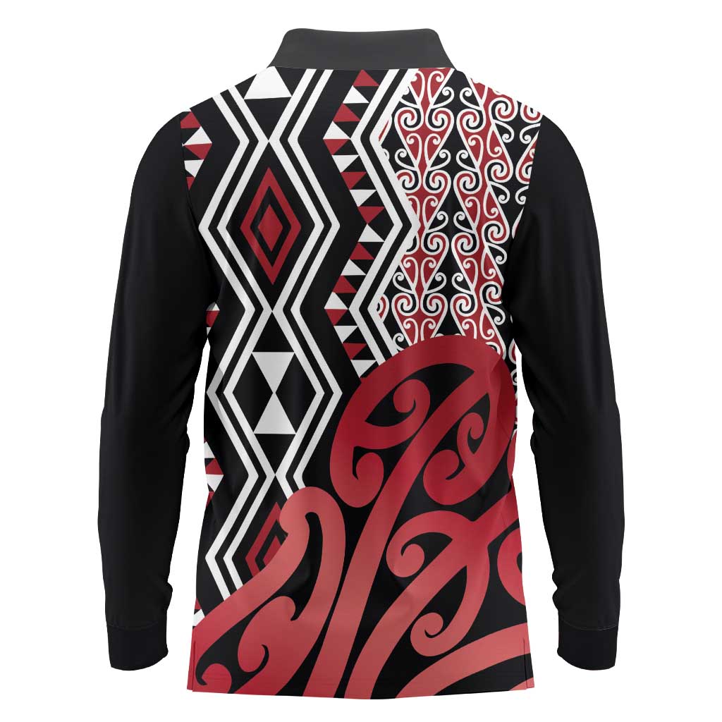 New Zealand Long Sleeve Polo Shirt Aotearoa Kowhaiwhai Mix Taniko Art - Red