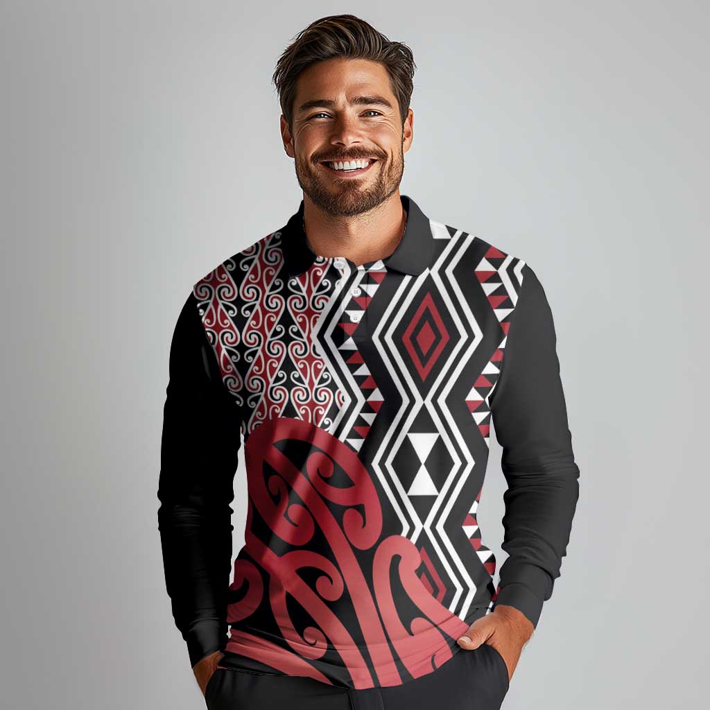 New Zealand Long Sleeve Polo Shirt Aotearoa Kowhaiwhai Mix Taniko Art - Red