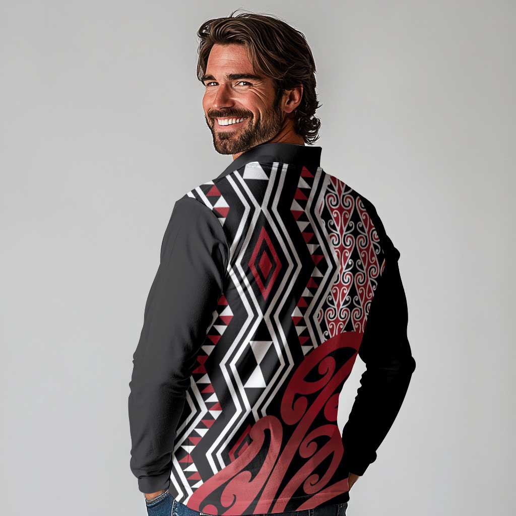 New Zealand Long Sleeve Polo Shirt Aotearoa Kowhaiwhai Mix Taniko Art - Red