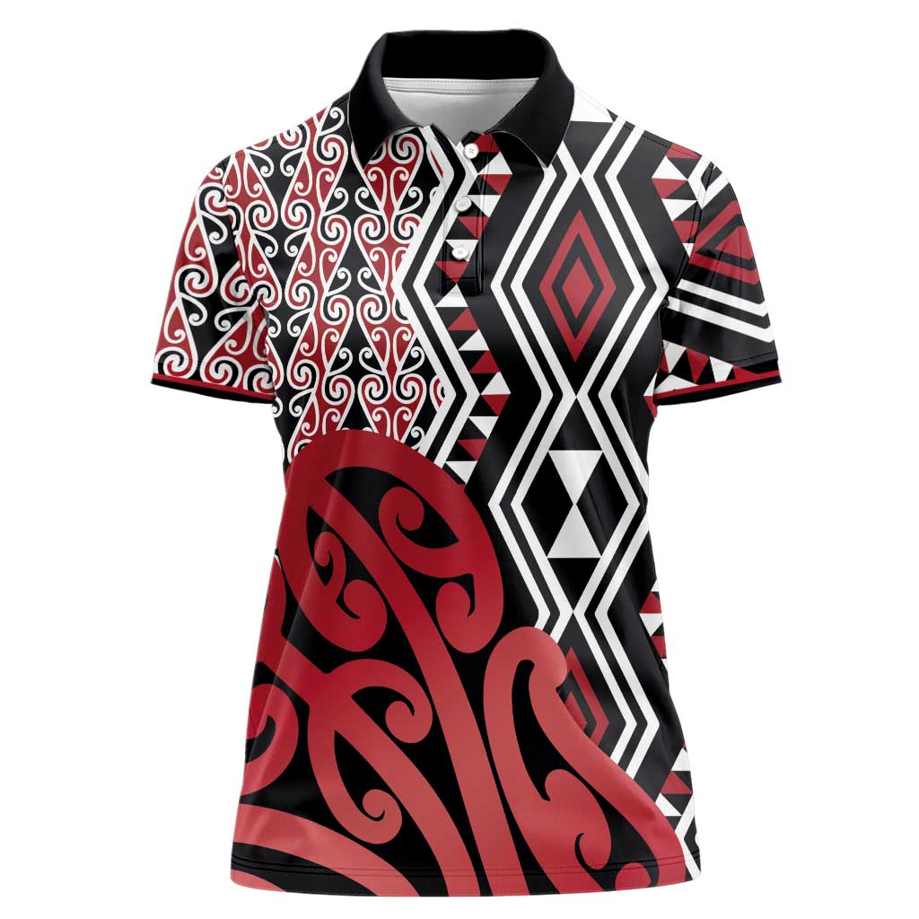 New Zealand Women Polo Shirt Aotearoa Kowhaiwhai Mix Taniko Art - Red