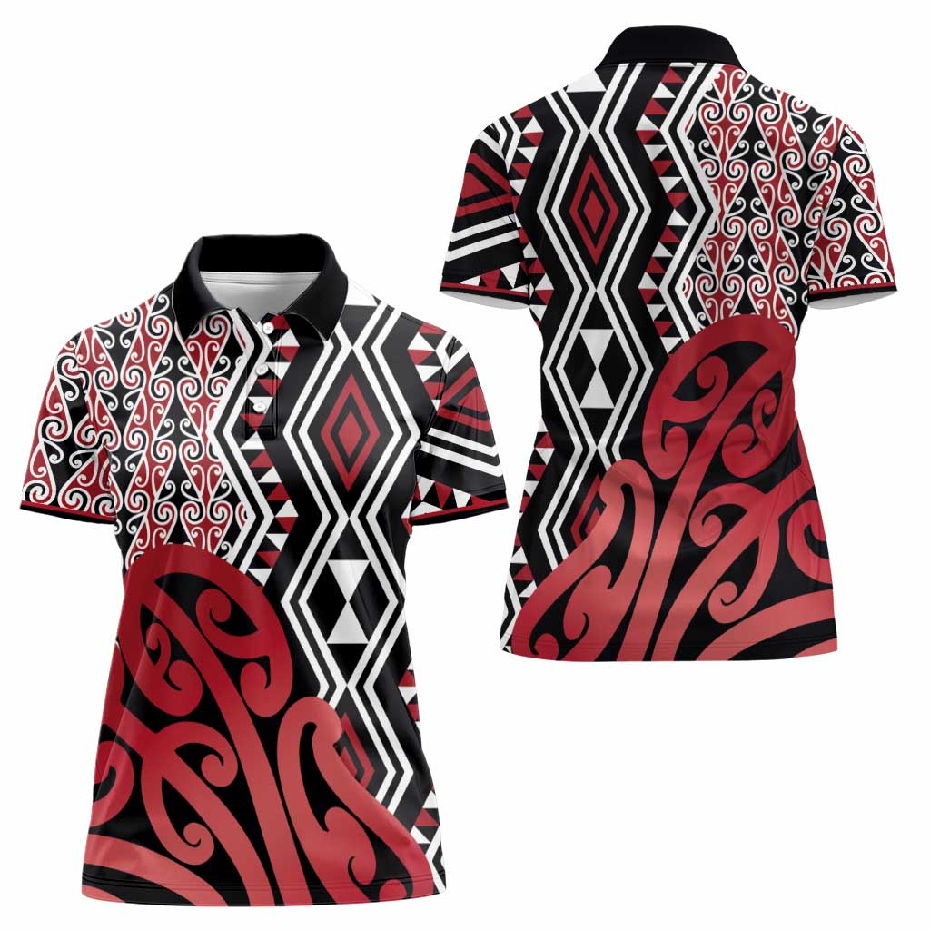 New Zealand Women Polo Shirt Aotearoa Kowhaiwhai Mix Taniko Art - Red