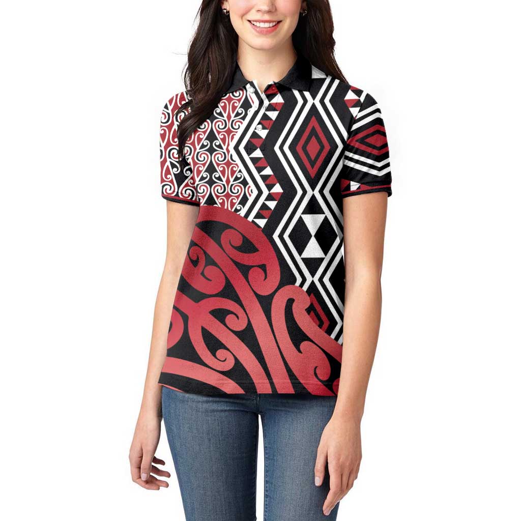 New Zealand Women Polo Shirt Aotearoa Kowhaiwhai Mix Taniko Art - Red