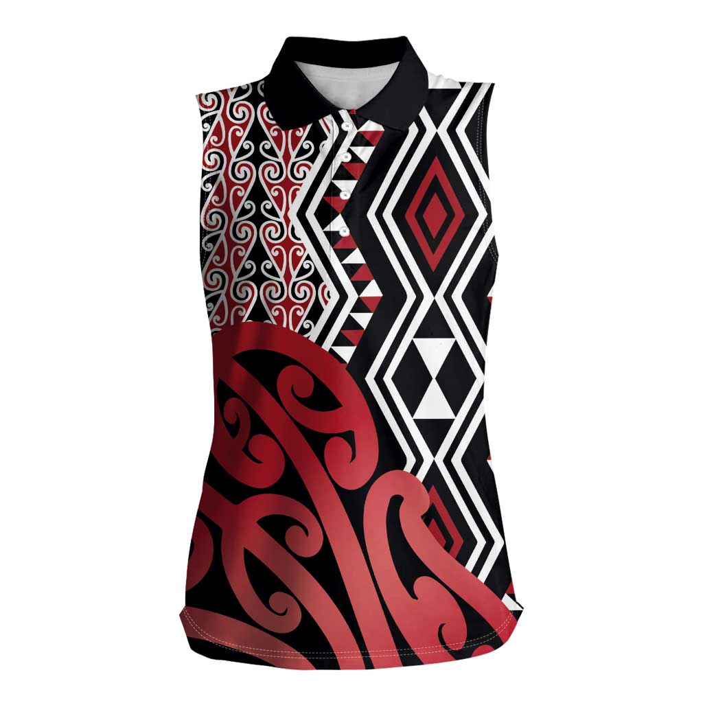 New Zealand Women Sleeveless Polo Shirt Aotearoa Kowhaiwhai Mix Taniko Art - Red