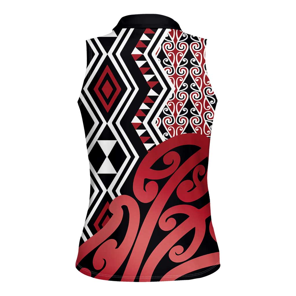 New Zealand Women Sleeveless Polo Shirt Aotearoa Kowhaiwhai Mix Taniko Art - Red