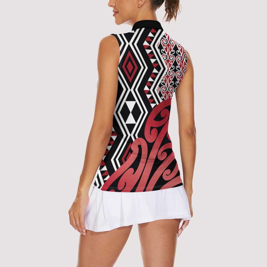 New Zealand Women Sleeveless Polo Shirt Aotearoa Kowhaiwhai Mix Taniko Art - Red