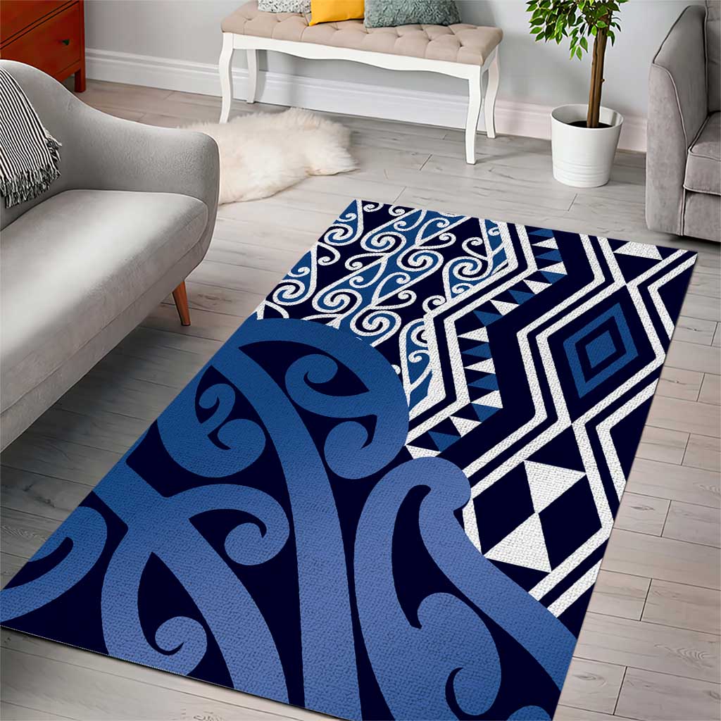 New Zealand Area Rug Aotearoa Kowhaiwhai Mix Taniko Art - Blue