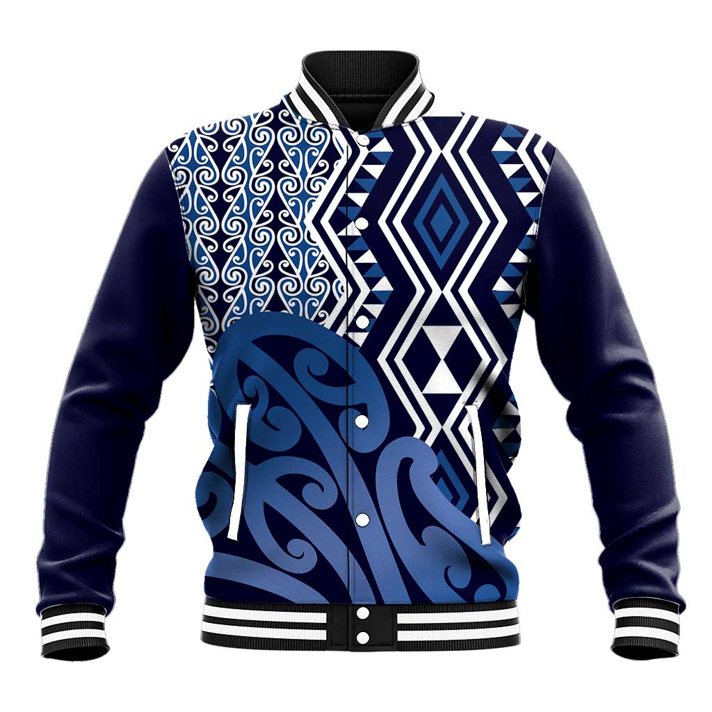 New Zealand Baseball Jacket Aotearoa Kowhaiwhai Mix Taniko Art - Blue