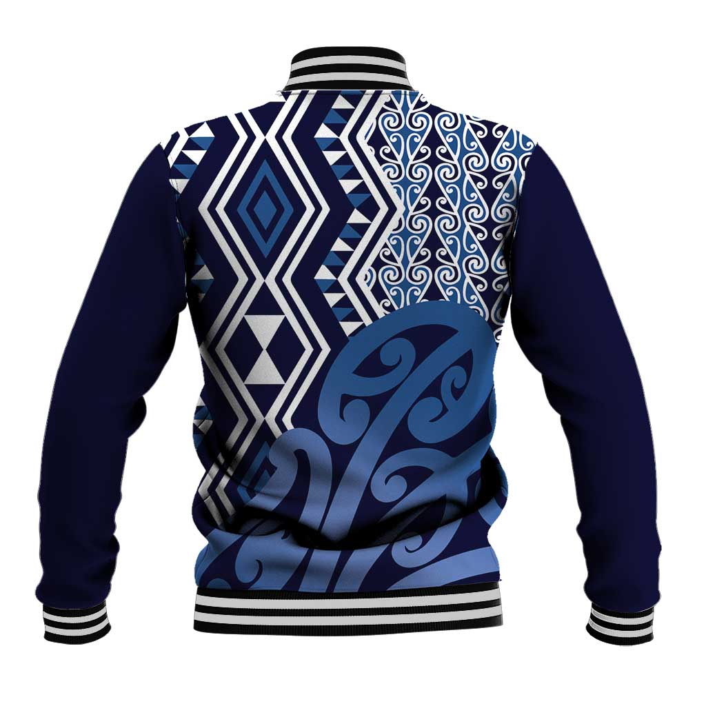 New Zealand Baseball Jacket Aotearoa Kowhaiwhai Mix Taniko Art - Blue