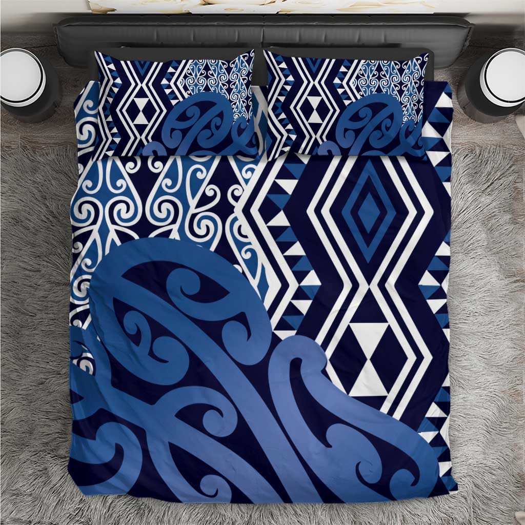 New Zealand Bedding Set Aotearoa Kowhaiwhai Mix Taniko Art - Blue