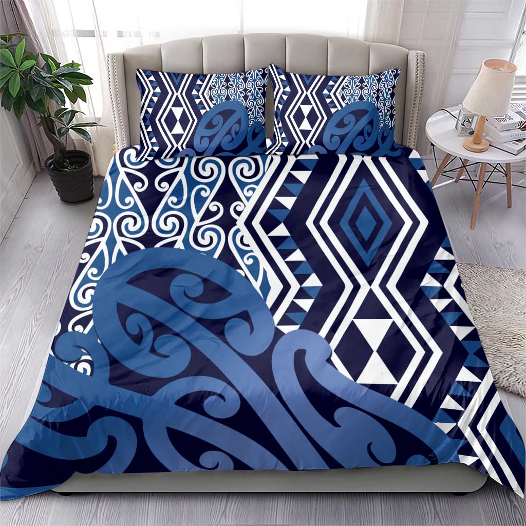 New Zealand Bedding Set Aotearoa Kowhaiwhai Mix Taniko Art - Blue