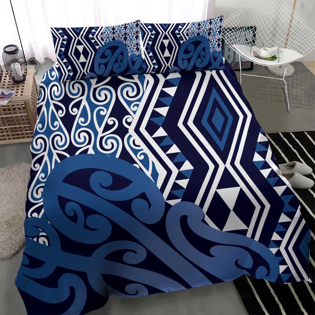 New Zealand Bedding Set Aotearoa Kowhaiwhai Mix Taniko Art - Blue