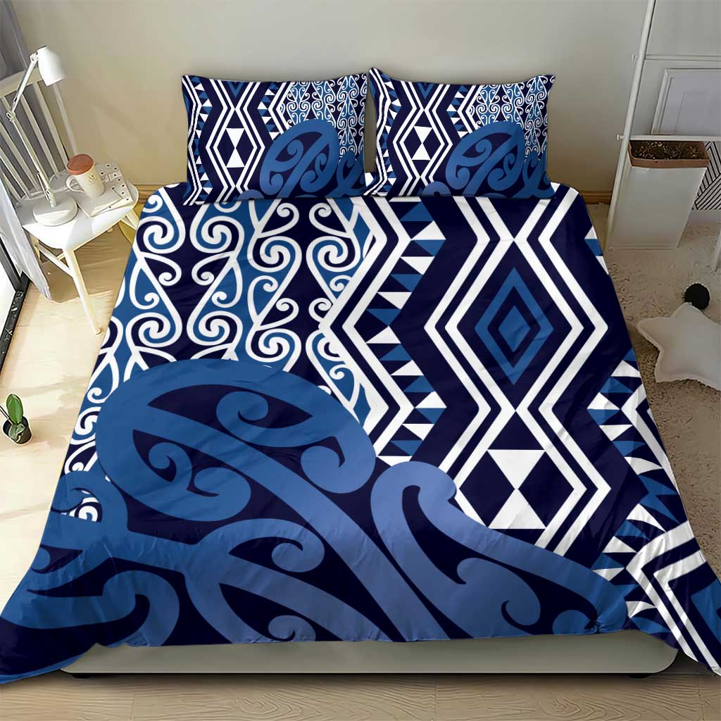 New Zealand Bedding Set Aotearoa Kowhaiwhai Mix Taniko Art - Blue