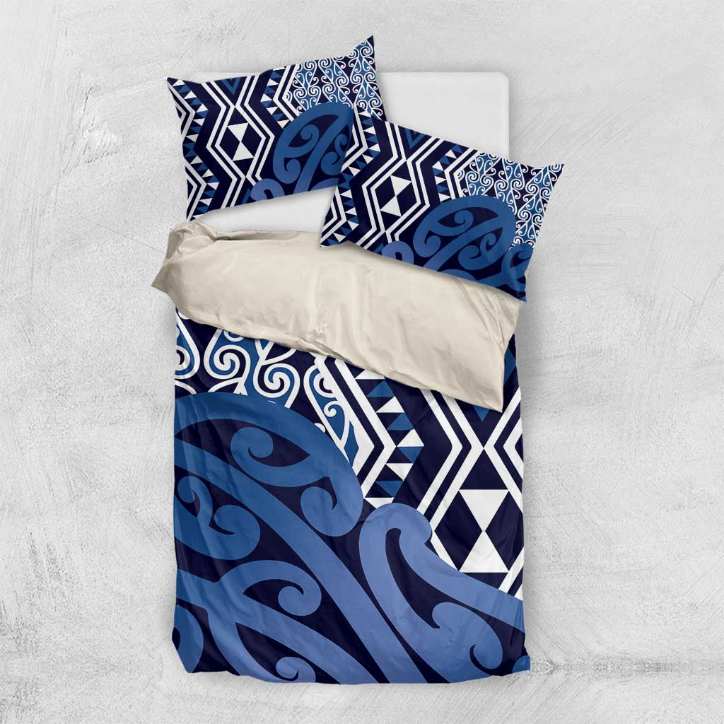 New Zealand Bedding Set Aotearoa Kowhaiwhai Mix Taniko Art - Blue