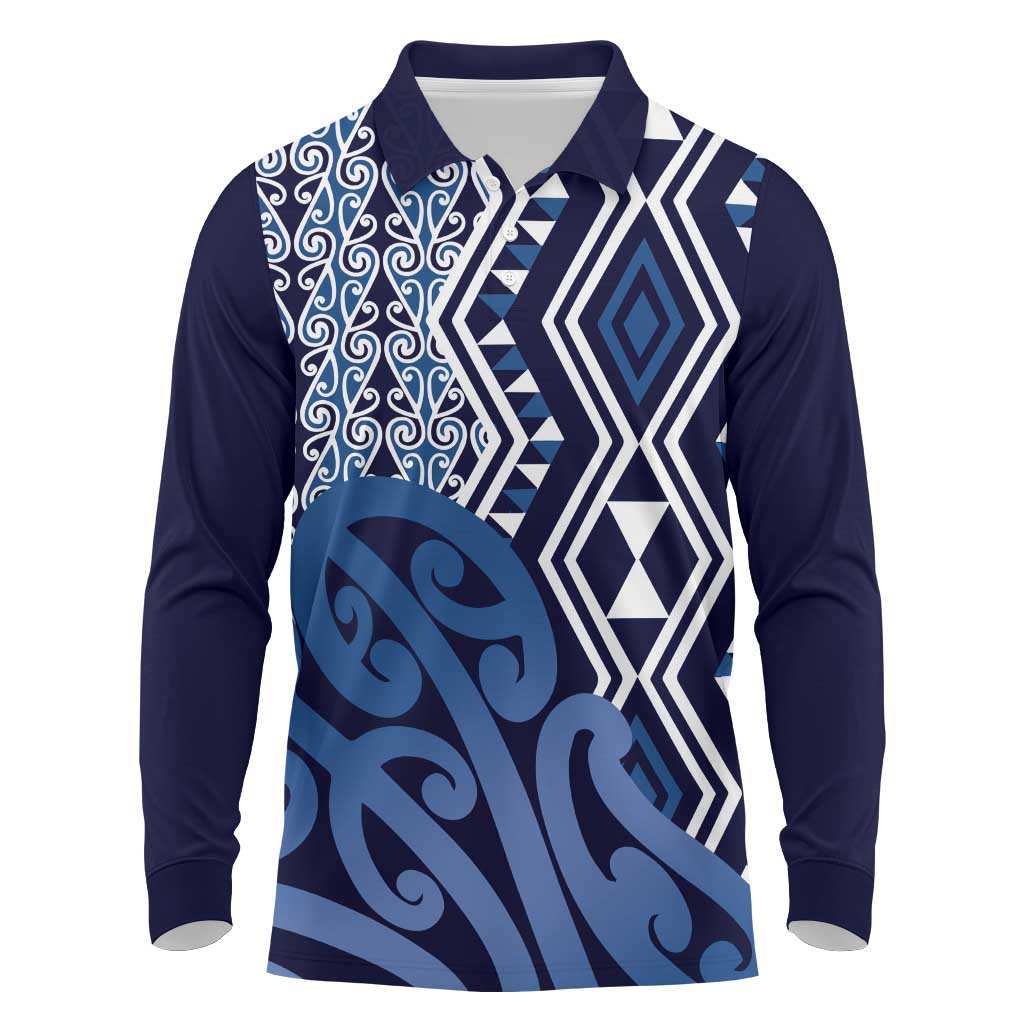 New Zealand Long Sleeve Polo Shirt Aotearoa Kowhaiwhai Mix Taniko Art - Blue