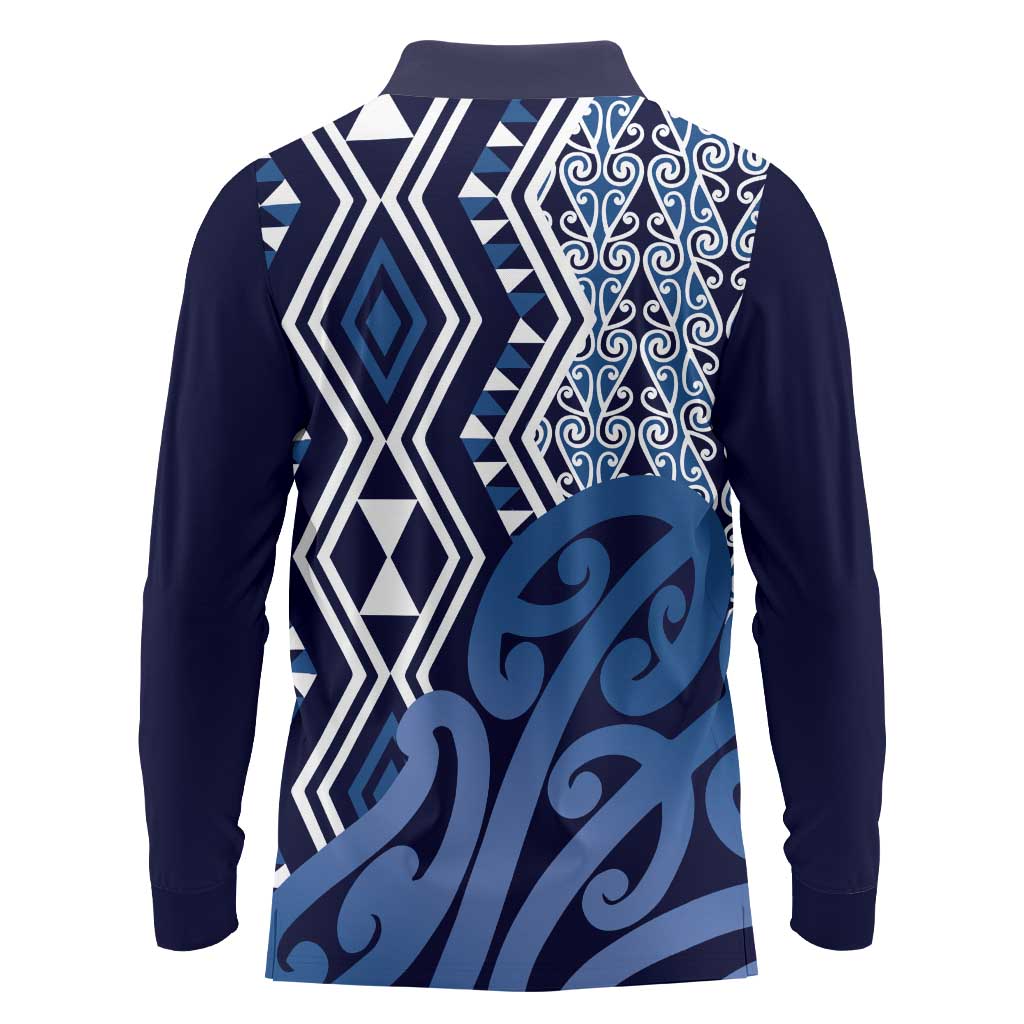 New Zealand Long Sleeve Polo Shirt Aotearoa Kowhaiwhai Mix Taniko Art - Blue