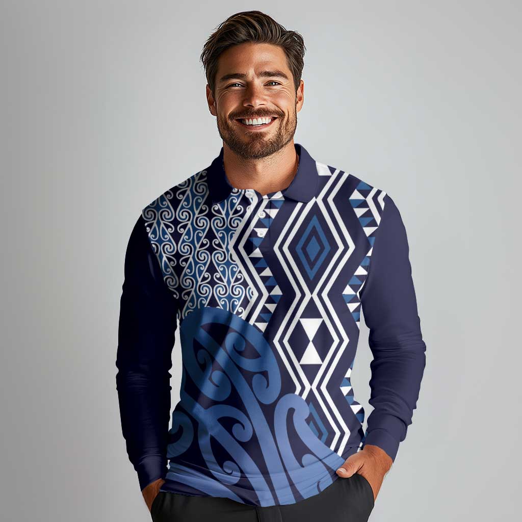 New Zealand Long Sleeve Polo Shirt Aotearoa Kowhaiwhai Mix Taniko Art - Blue