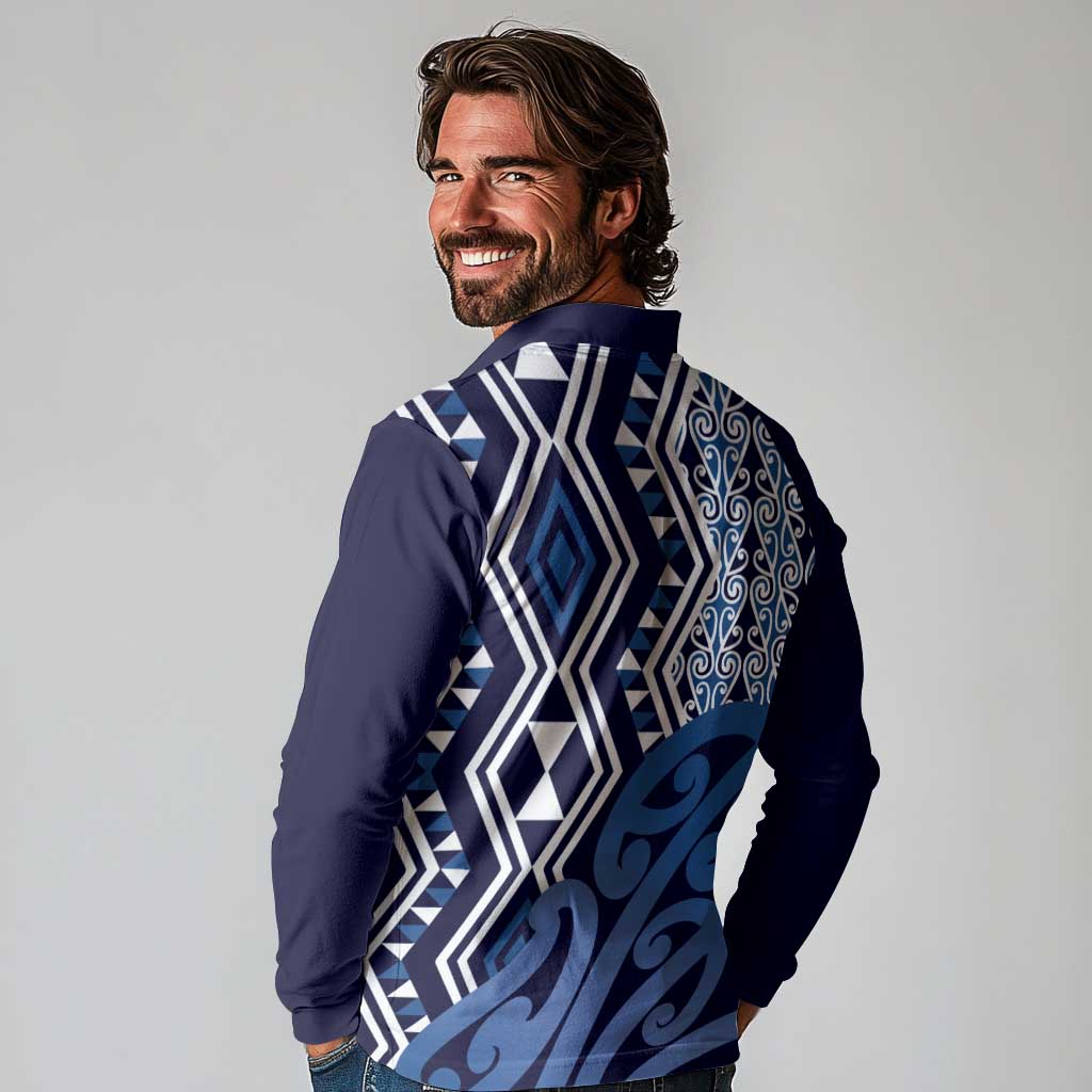 New Zealand Long Sleeve Polo Shirt Aotearoa Kowhaiwhai Mix Taniko Art - Blue