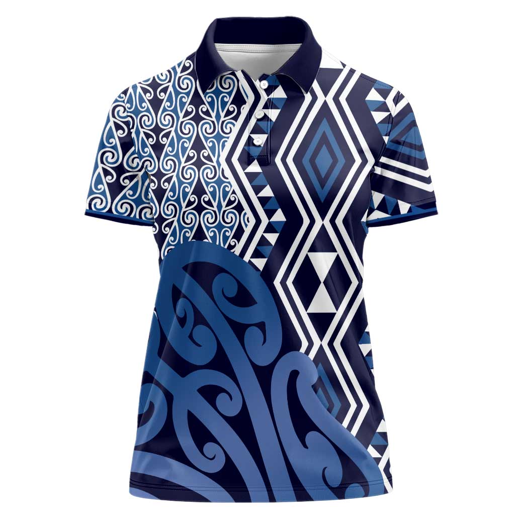 New Zealand Women Polo Shirt Aotearoa Kowhaiwhai Mix Taniko Art - Blue