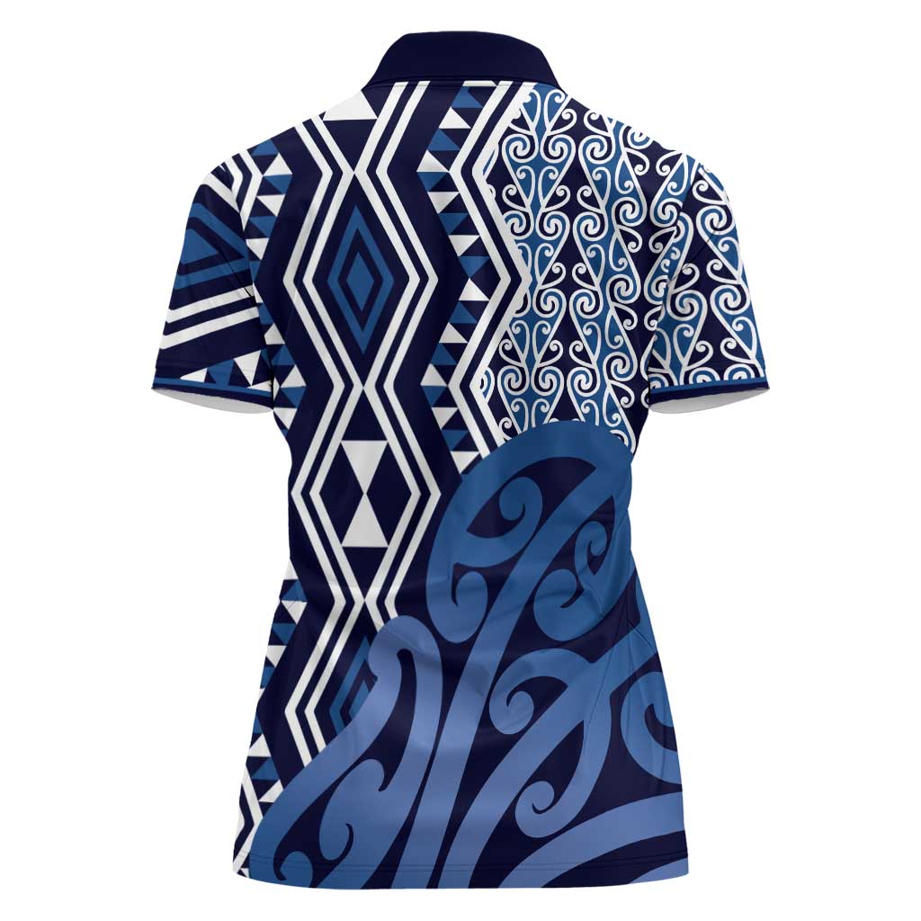 New Zealand Women Polo Shirt Aotearoa Kowhaiwhai Mix Taniko Art - Blue