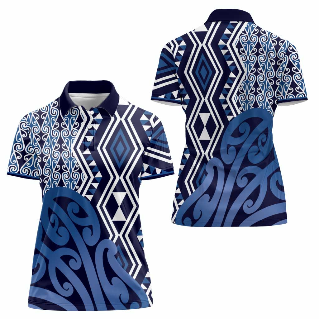 New Zealand Women Polo Shirt Aotearoa Kowhaiwhai Mix Taniko Art - Blue