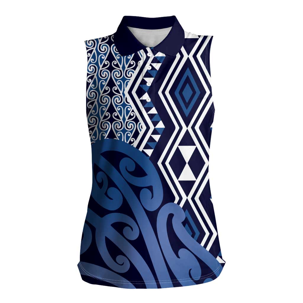 New Zealand Women Sleeveless Polo Shirt Aotearoa Kowhaiwhai Mix Taniko Art - Blue