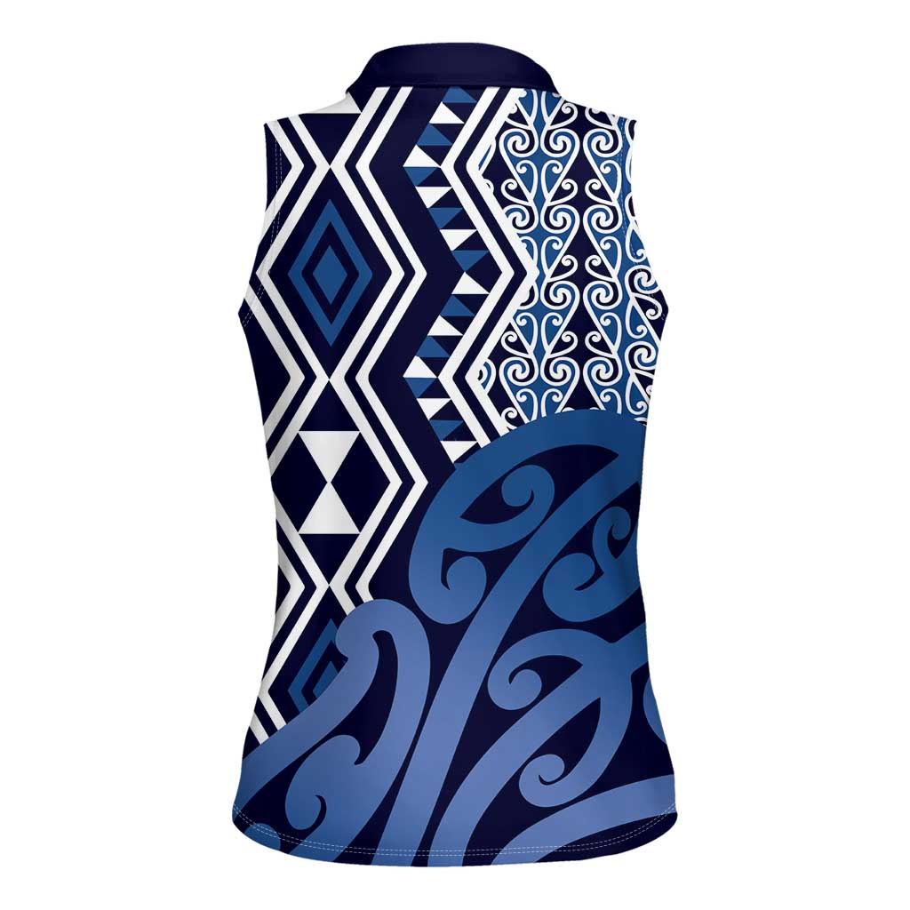 New Zealand Women Sleeveless Polo Shirt Aotearoa Kowhaiwhai Mix Taniko Art - Blue