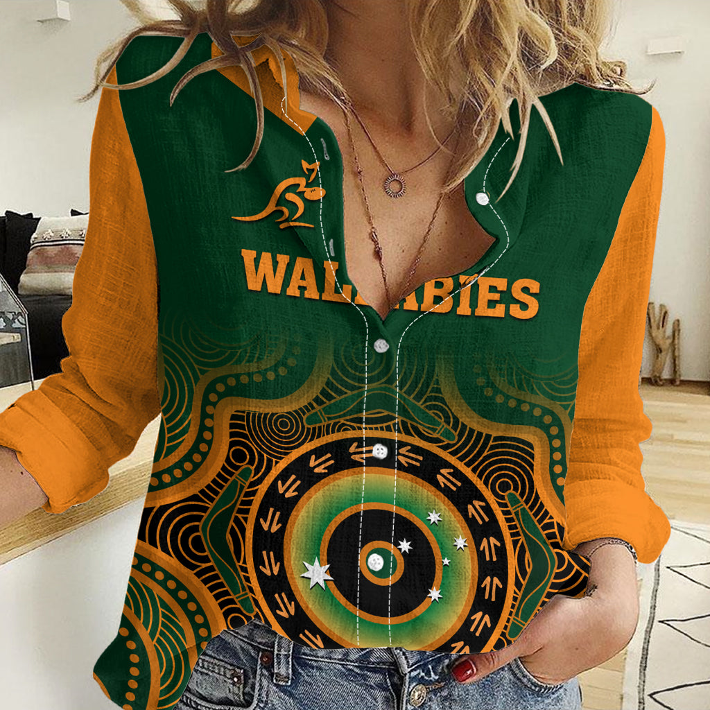 Wallabies Rugby Women Casual Shirt Aussie Go Champions Indigenous Green LT14