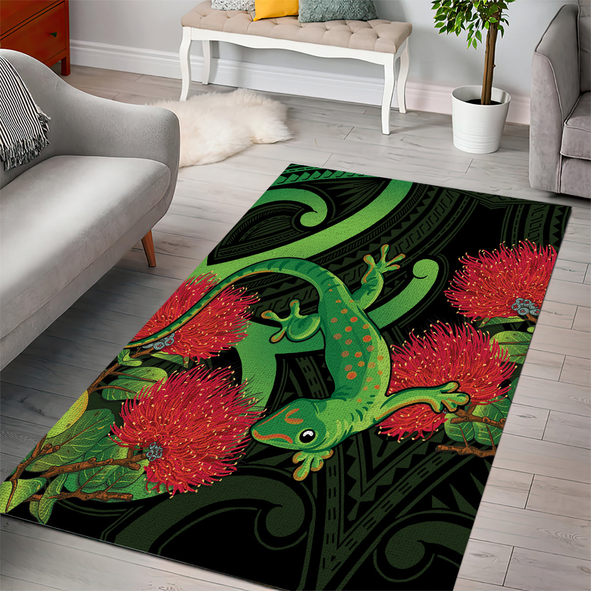 New Zealand Gecko Area Rug Aotearoa Maori With Pohutukawa Flowers