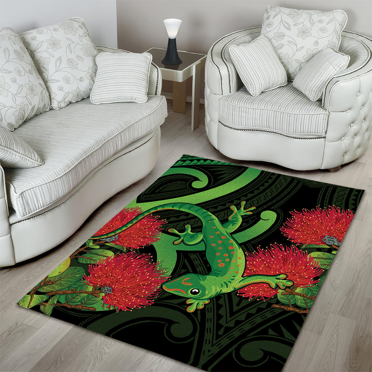 New Zealand Gecko Area Rug Aotearoa Maori With Pohutukawa Flowers