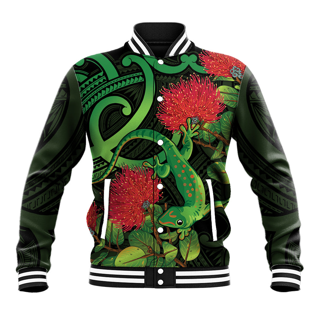 New Zealand Gecko Baseball Jacket Aotearoa Maori With Pohutukawa Flowers