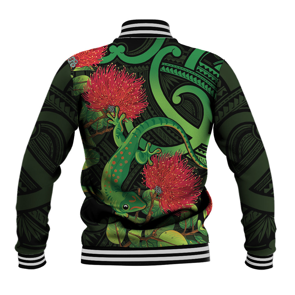 New Zealand Gecko Baseball Jacket Aotearoa Maori With Pohutukawa Flowers