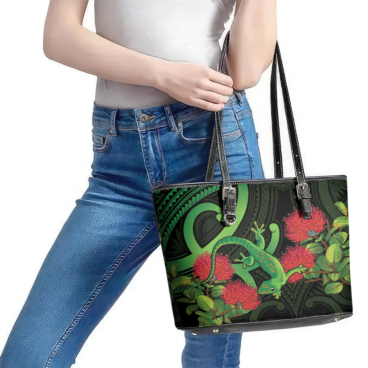 New Zealand Gecko Leather Tote Bag Aotearoa Maori With Pohutukawa Flowers