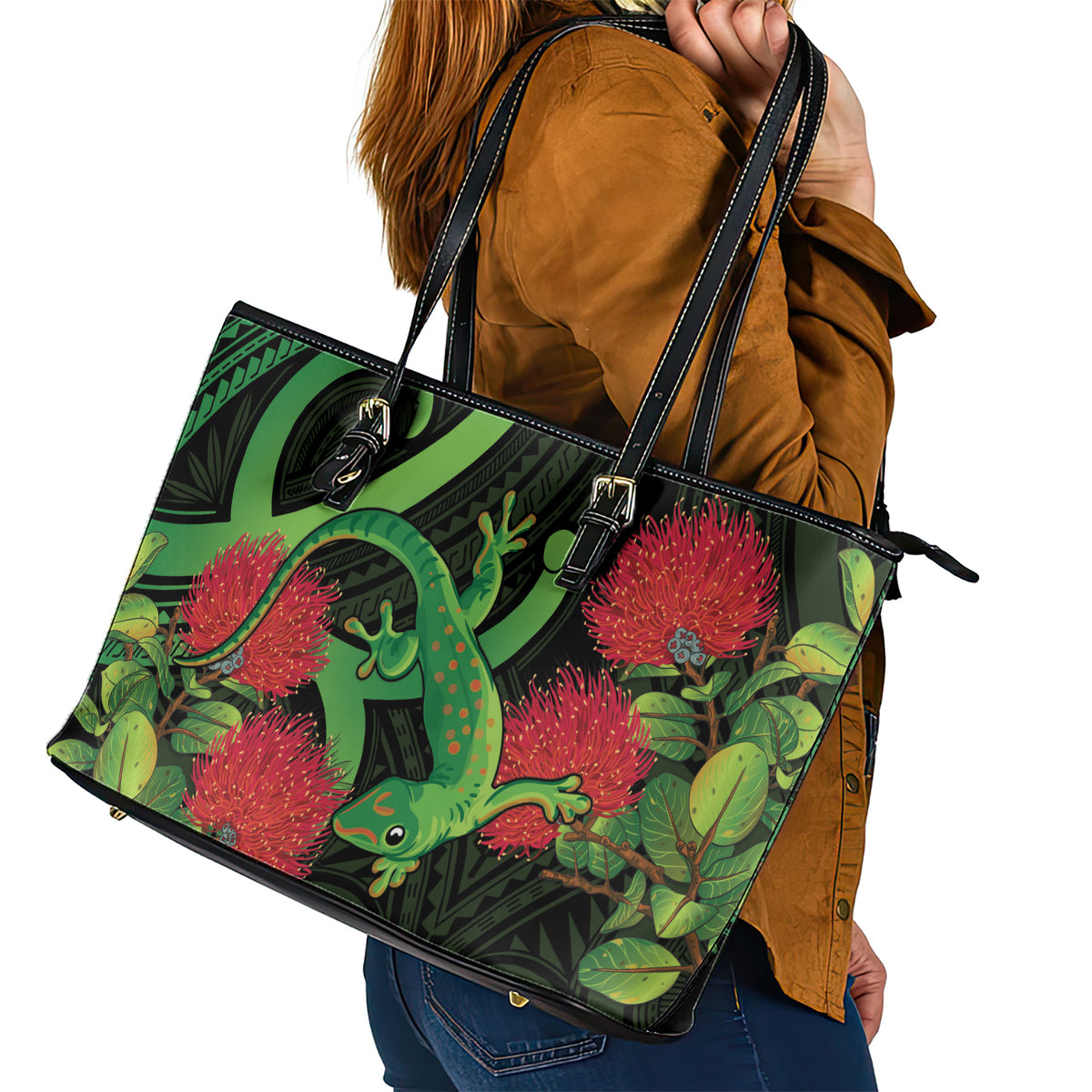 New Zealand Gecko Leather Tote Bag Aotearoa Maori With Pohutukawa Flowers