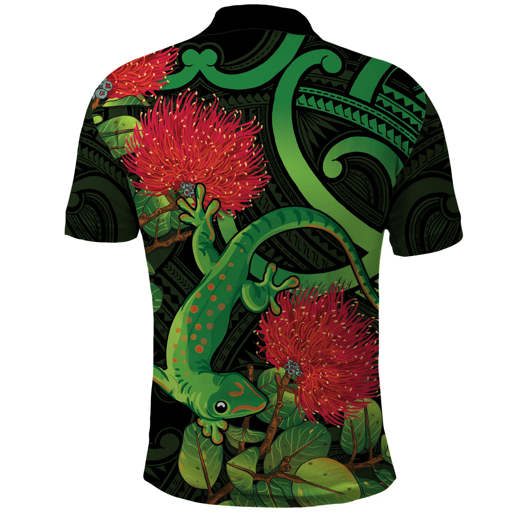 New Zealand Gecko Polo Shirt Aotearoa Maori With Pohutukawa Flowers