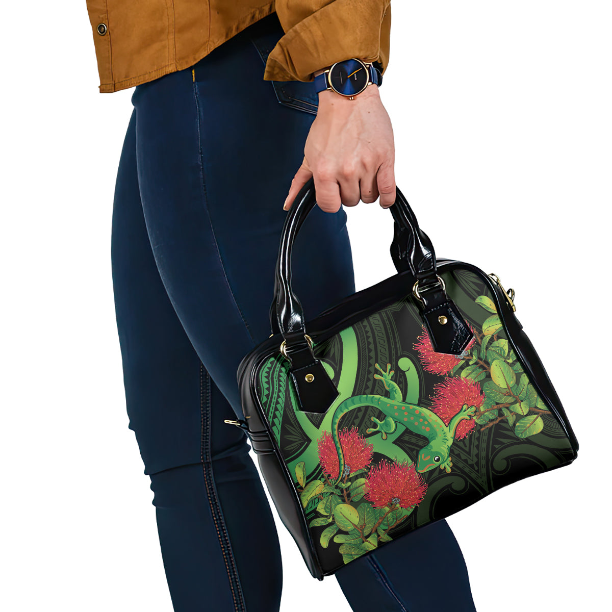 New Zealand Gecko Shoulder Handbag Aotearoa Maori With Pohutukawa Flowers