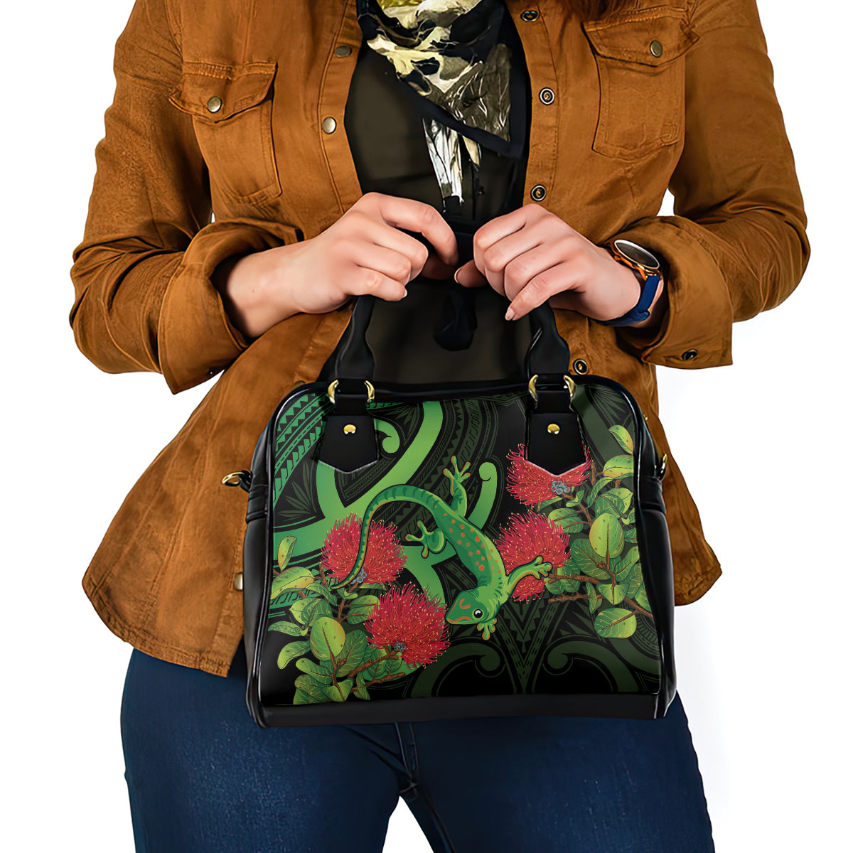 New Zealand Gecko Shoulder Handbag Aotearoa Maori With Pohutukawa Flowers