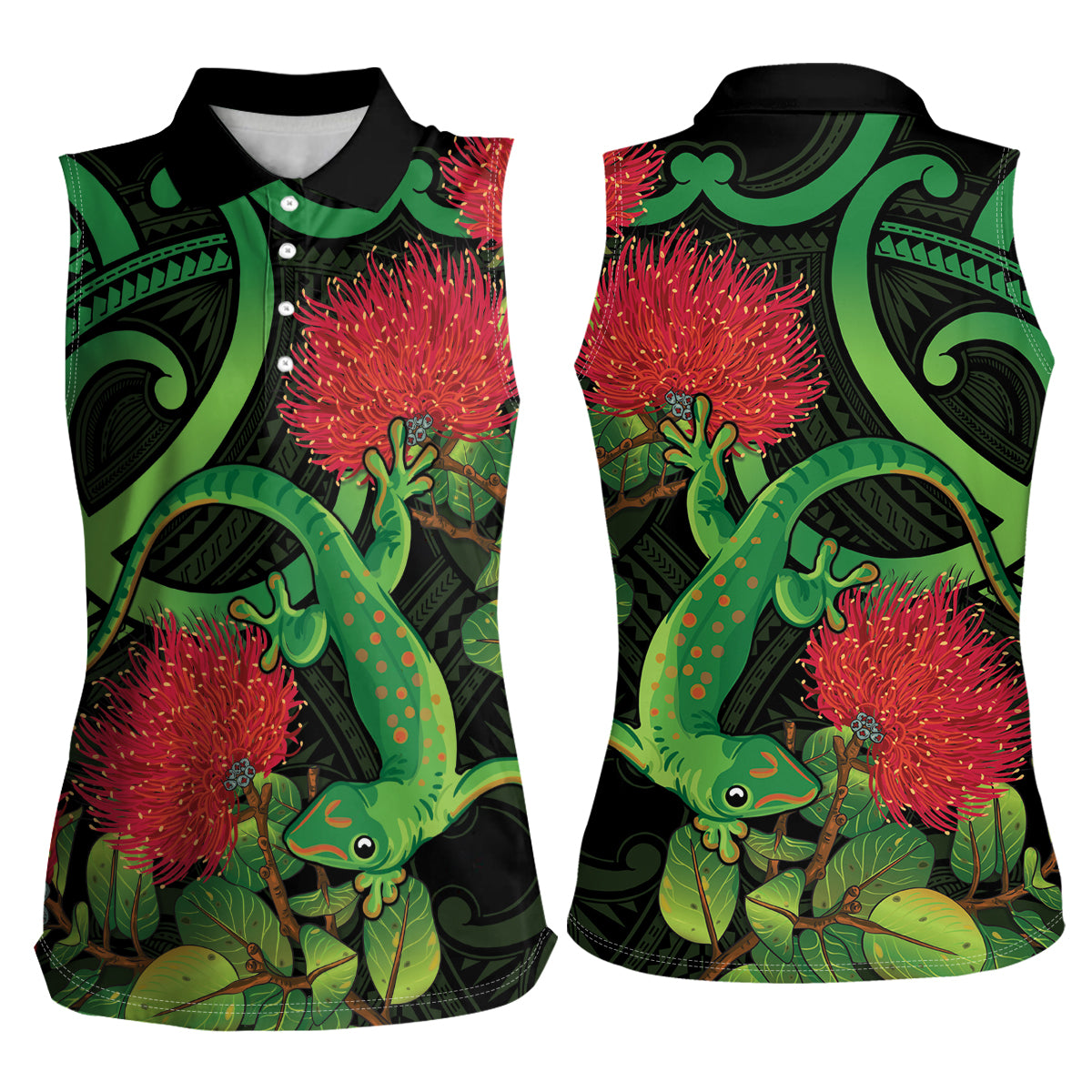 New Zealand Gecko Women Sleeveless Polo Shirt Aotearoa Maori With Pohutukawa Flowers