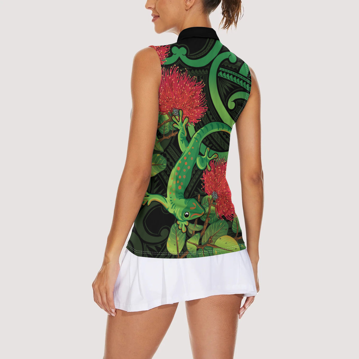 New Zealand Gecko Women Sleeveless Polo Shirt Aotearoa Maori With Pohutukawa Flowers