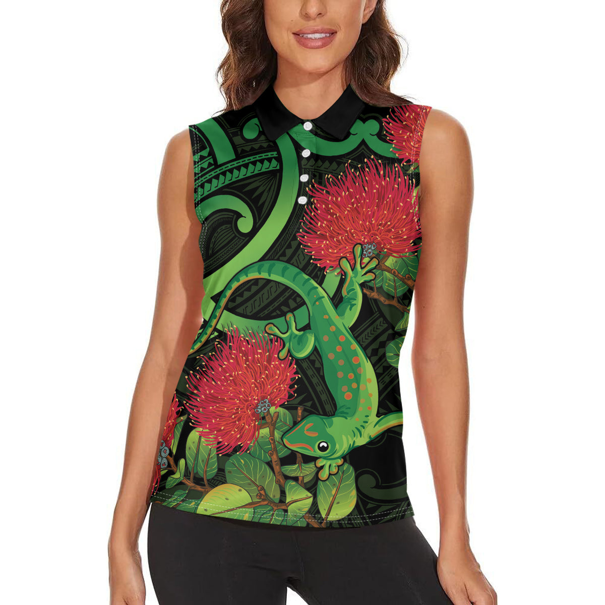 New Zealand Gecko Women Sleeveless Polo Shirt Aotearoa Maori With Pohutukawa Flowers