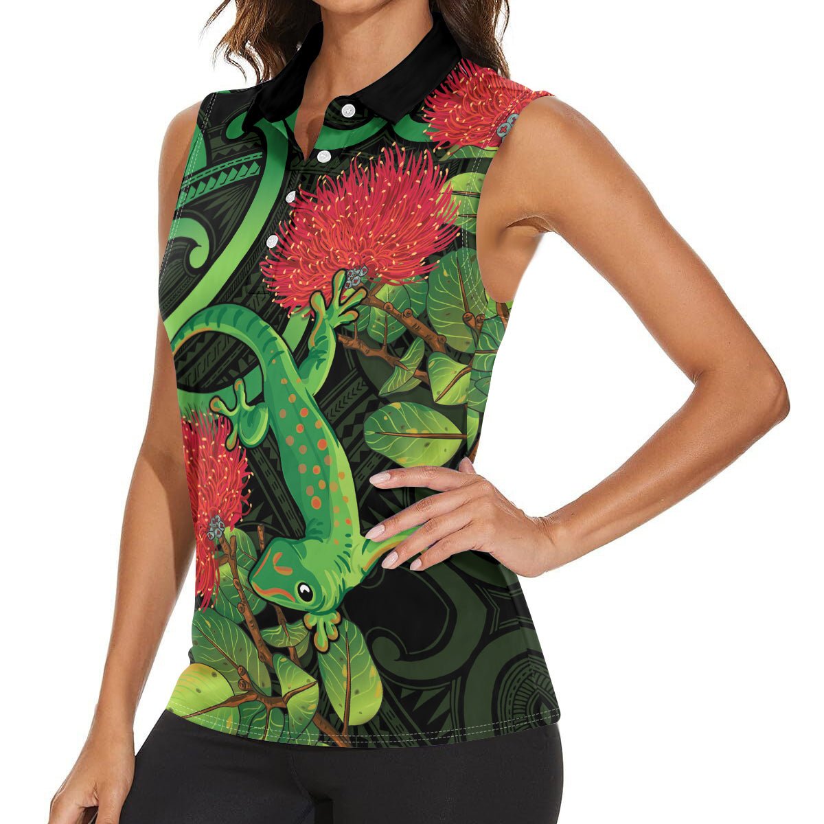 New Zealand Gecko Women Sleeveless Polo Shirt Aotearoa Maori With Pohutukawa Flowers