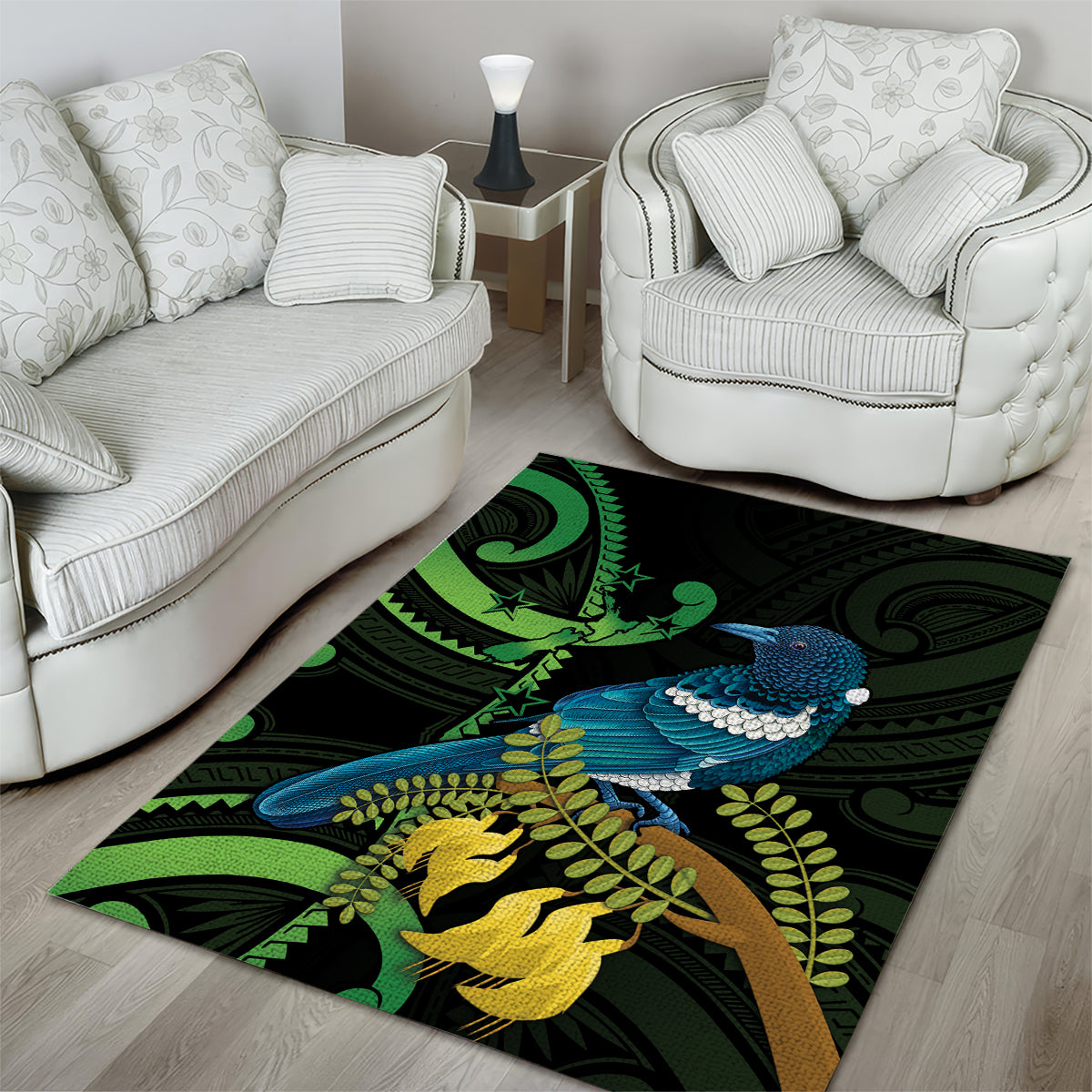 New Zealand Tui Bird Area Rug Aotearoa Maori With Kowhai Flowers